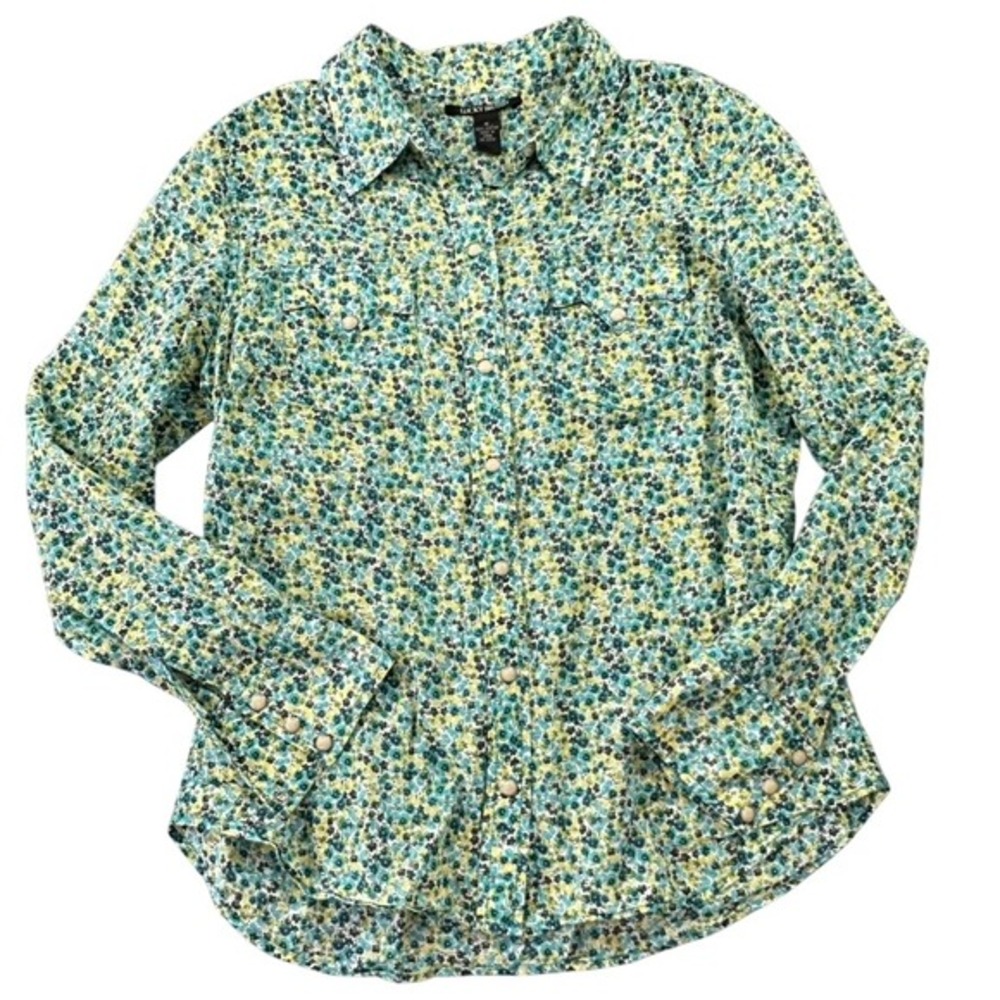 Vintage Lucky‎ Brand Womens Medium Floral Western Snap Front Shirt Cotton Green